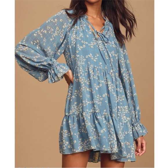 Lulus Dresses & Skirts - Lulus Romantic Type Slate Blue Floral Print Tiered
Babydoll Dress